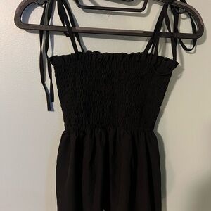 Black Smocked Tie-Strap Jumpsuit
